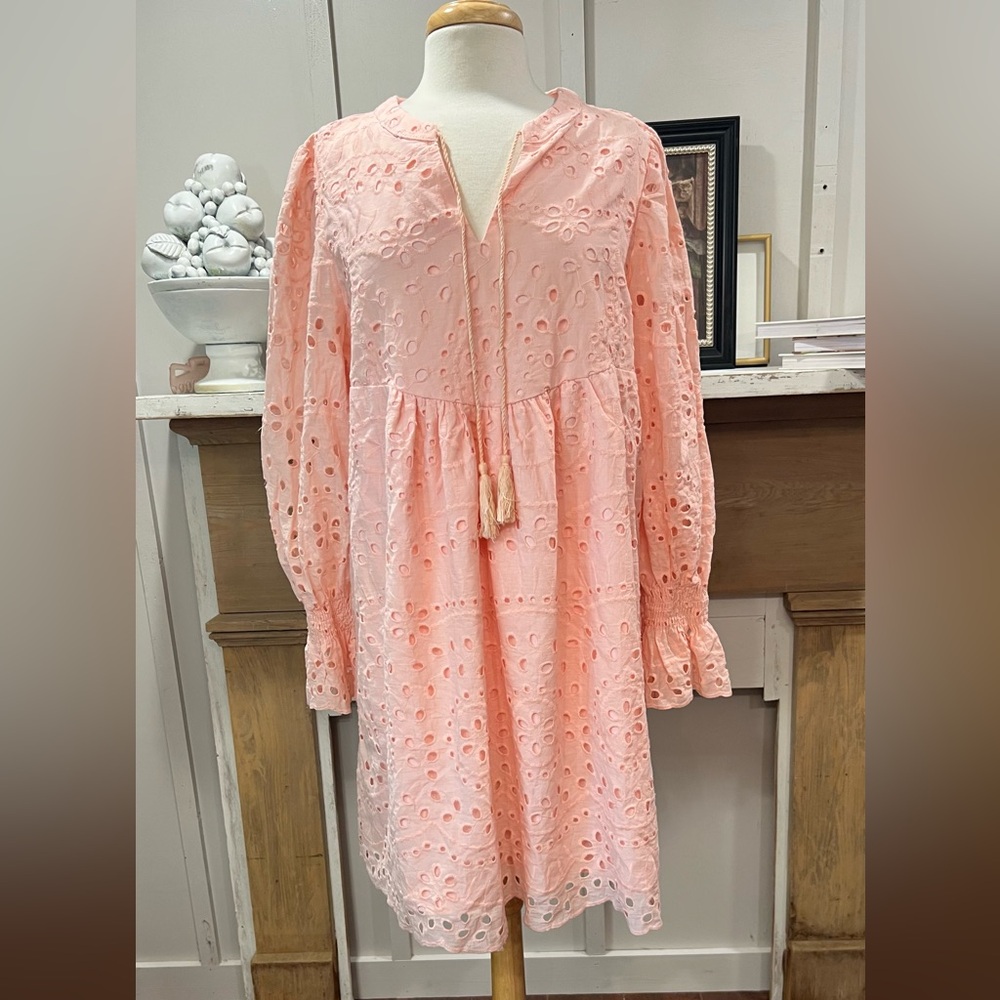 Pink Smocked Eyelet Long Sleeve Dress